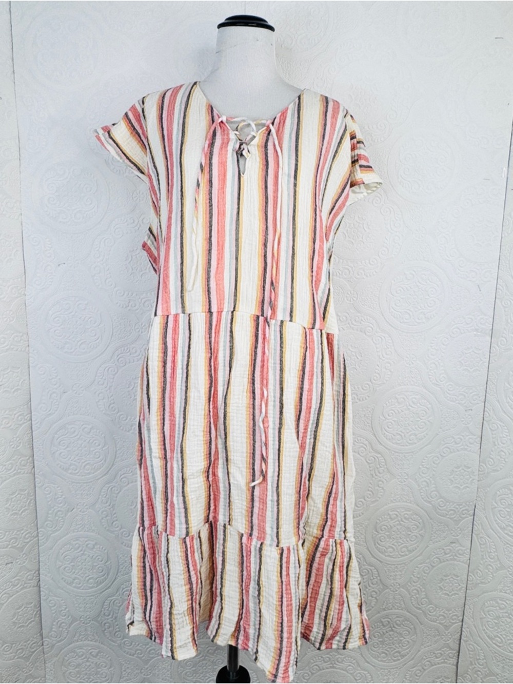 Lane Bryant Dress Size 18 Striped Gauze Lined Boho Ruffle Summer Cap Sleeve Mint